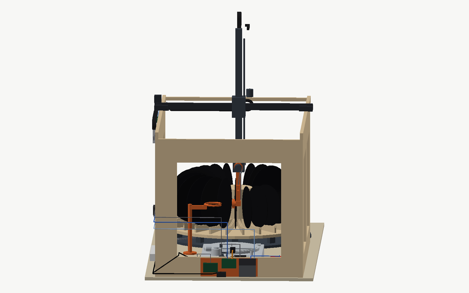 The deck end of the machine: the Pi group on its plate outside the end panel, the Scarlett on the bench, the deck camera's ribbon through the panel