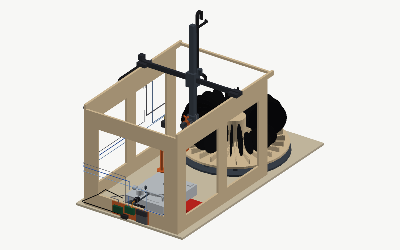 The machine, rendered from the CAD model: the carousel of records on the left, the gantry on its plywood frame, the turntable on the right, the electronics on the outside of the panels
